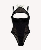 Alluring Black Sheer Mesh Halter Bodysuit with Bow Detail