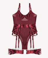 Luxe Burgundy Sheer Mesh Bodysuit Lingerie Set with Garter Straps & Thigh Cuffs