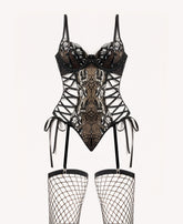 Seductive Black Lace Corset Lingerie Set with Garter Belts & Fishnet Stockings