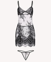 Alluring Black Sheer Lace Chemise & Thong Set