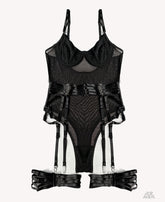 Luxe Burgundy Sheer Mesh Bodysuit Lingerie Set with Garter Straps & Thigh Cuffs