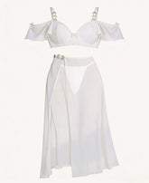 Elegant Navy Blue Sheer Mesh Lingerie Set with Ruffle Bustier & Maxi Skirt