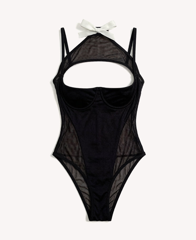 Alluring Black Sheer Mesh Halter Bodysuit with Bow Detail