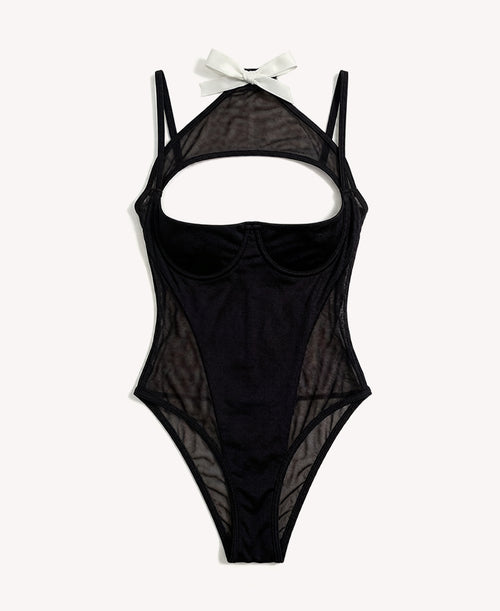 Alluring Black Sheer Mesh Halter Bodysuit with Bow Detail