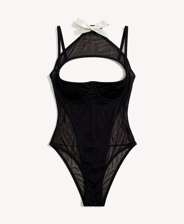 Alluring Black Sheer Mesh Halter Bodysuit with Bow Detail