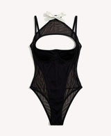 Alluring Black Sheer Mesh Halter Bodysuit with Bow Detail