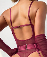Luxe Burgundy Sheer Mesh Bodysuit Lingerie Set with Garter Straps & Thigh Cuffs