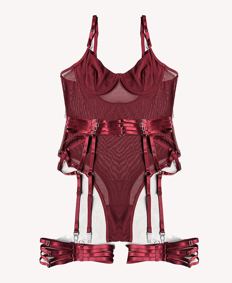 Luxe Burgundy Sheer Mesh Bodysuit Lingerie Set with Garter Straps & Thigh Cuffs