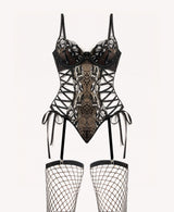 Seductive Black Lace Corset Lingerie Set with Garter Belts & Fishnet Stockings