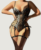 Seductive Black Lace Corset Lingerie Set with Garter Belts & Fishnet Stockings