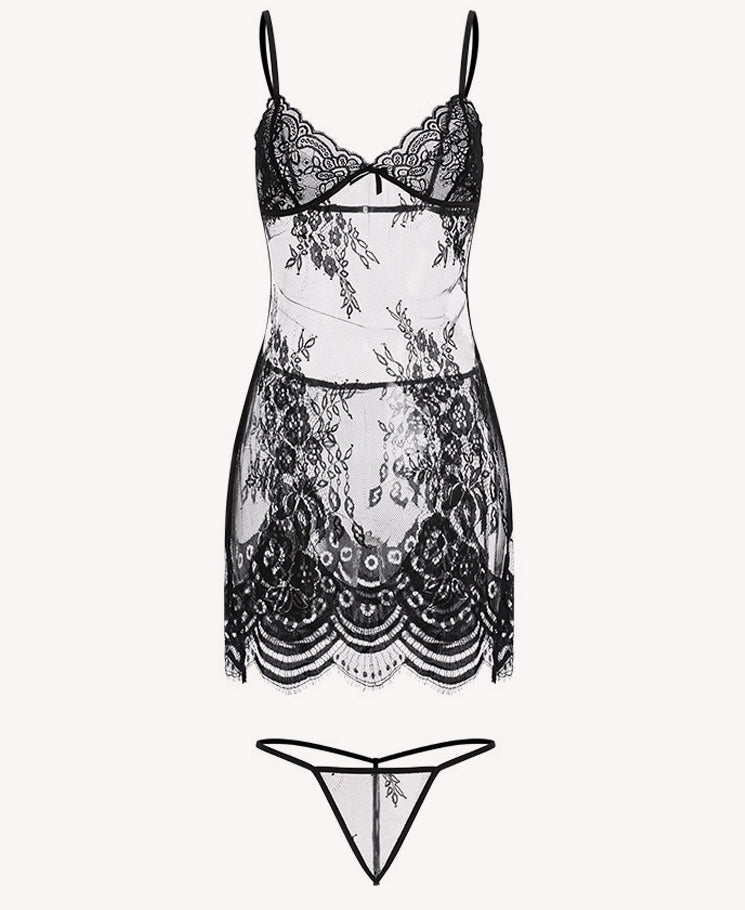 Alluring Black Sheer Lace Chemise & Thong Set