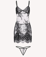 Alluring Black Sheer Lace Chemise & Thong Set