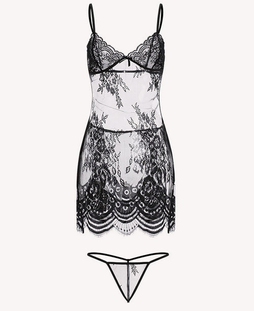 Alluring Black Sheer Lace Chemise & Thong Set