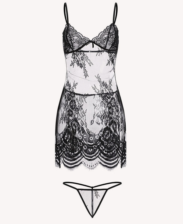 Alluring Black Sheer Lace Chemise & Thong Set
