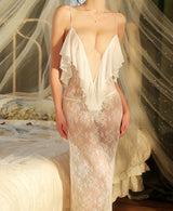 Plunge V-Neck Lace Ruffle Spaghetti Strap Dress