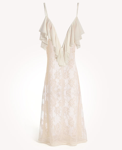 Plunge V-Neck Lace Ruffle Spaghetti Strap Dress