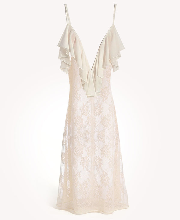 Plunge V-Neck Lace Ruffle Spaghetti Strap Dress