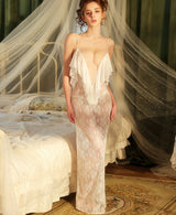 Plunge V-Neck Lace Ruffle Spaghetti Strap Dress