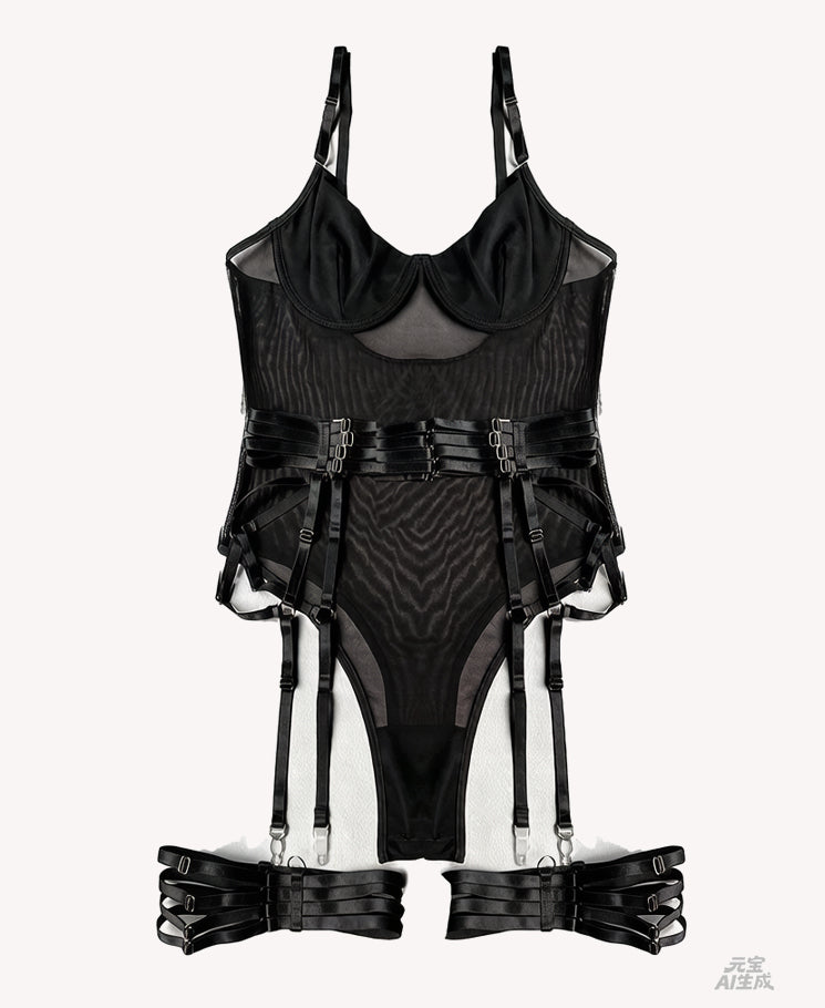 Luxe Burgundy Sheer Mesh Bodysuit Lingerie Set with Garter Straps & Thigh Cuffs