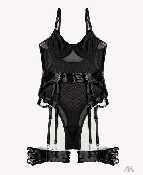 Luxe Burgundy Sheer Mesh Bodysuit Lingerie Set with Garter Straps & Thigh Cuffs