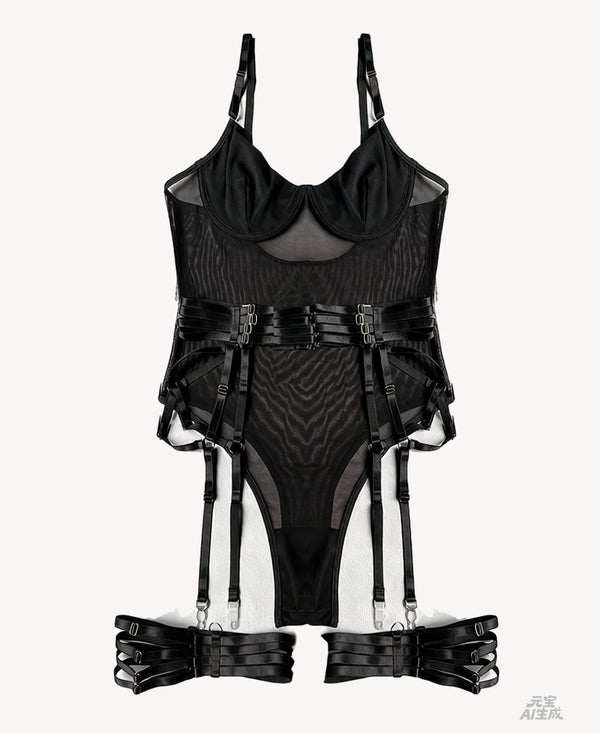 Luxe Burgundy Sheer Mesh Bodysuit Lingerie Set with Garter Straps & Thigh Cuffs