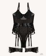 Luxe Burgundy Sheer Mesh Bodysuit Lingerie Set with Garter Straps & Thigh Cuffs