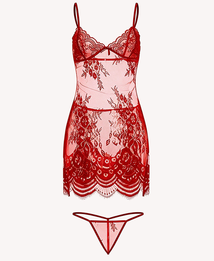 Alluring Black Sheer Lace Chemise & Thong Set