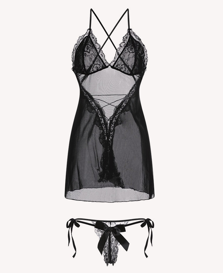 Seductive Black Sheer Mesh Lace Babydoll & Tie-Side Thong Set