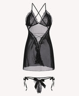 Seductive Black Sheer Mesh Lace Babydoll & Tie-Side Thong Set