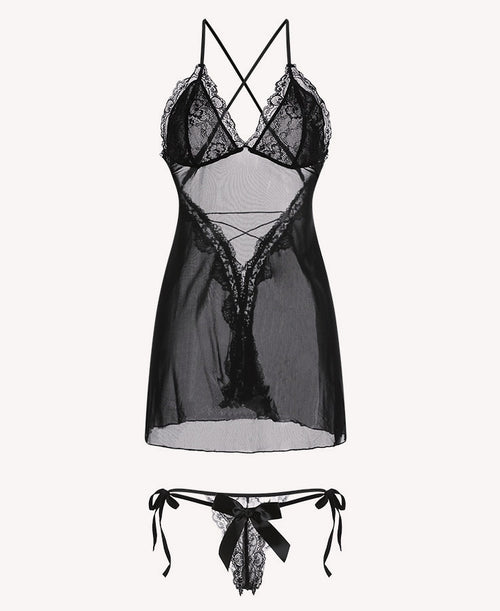 Seductive Black Sheer Mesh Lace Babydoll & Tie-Side Thong Set