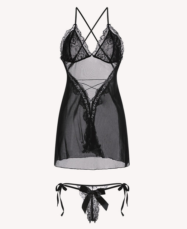 Seductive Black Sheer Mesh Lace Babydoll & Tie-Side Thong Set