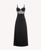 Elegant Black Satin Maxi Slip Dress with Lace Corset Bodice