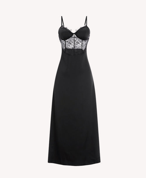 Elegant Black Satin Maxi Slip Dress with Lace Corset Bodice