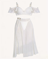 Elegant Navy Blue Sheer Mesh Lingerie Set with Ruffle Bustier & Maxi Skirt