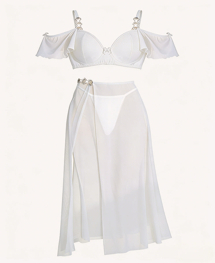 Elegant Navy Blue Sheer Mesh Lingerie Set with Ruffle Bustier & Maxi Skirt