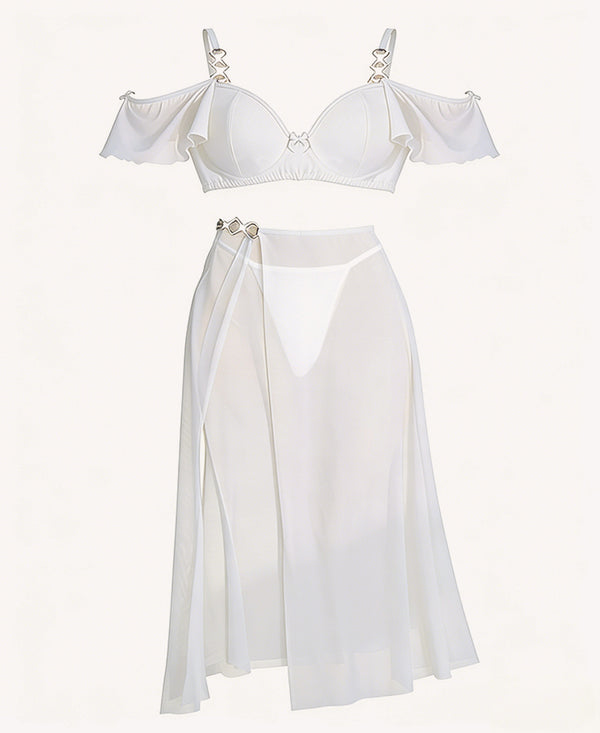 Elegant Navy Blue Sheer Mesh Lingerie Set with Ruffle Bustier & Maxi Skirt