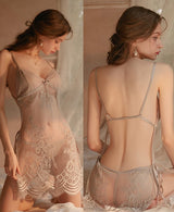 Alluring Black Sheer Lace Chemise & Thong Set