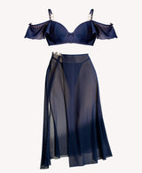 Elegant Navy Blue Sheer Mesh Lingerie Set with Ruffle Bustier & Maxi Skirt