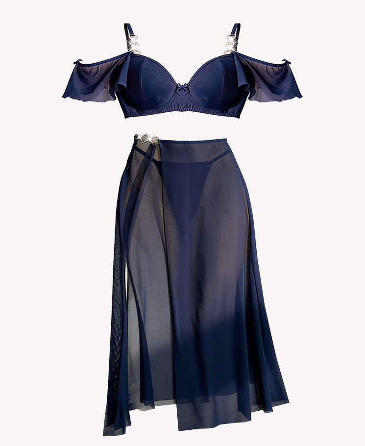Elegant Navy Blue Sheer Mesh Lingerie Set with Ruffle Bustier & Maxi Skirt