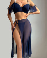 Elegant Navy Blue Sheer Mesh Lingerie Set with Ruffle Bustier & Maxi Skirt