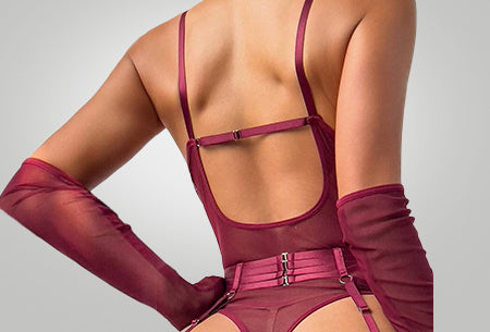Luxe Burgundy Sheer Mesh Bodysuit Lingerie Set with Garter Straps & Thigh Cuffs