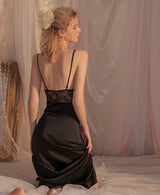 Elegant Black Satin Maxi Slip Dress with Lace Corset Bodice