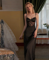 Elegant Black Satin Maxi Slip Dress with Lace Corset Bodice