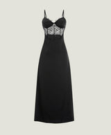 Elegant Black Satin Maxi Slip Dress with Lace Corset Bodice